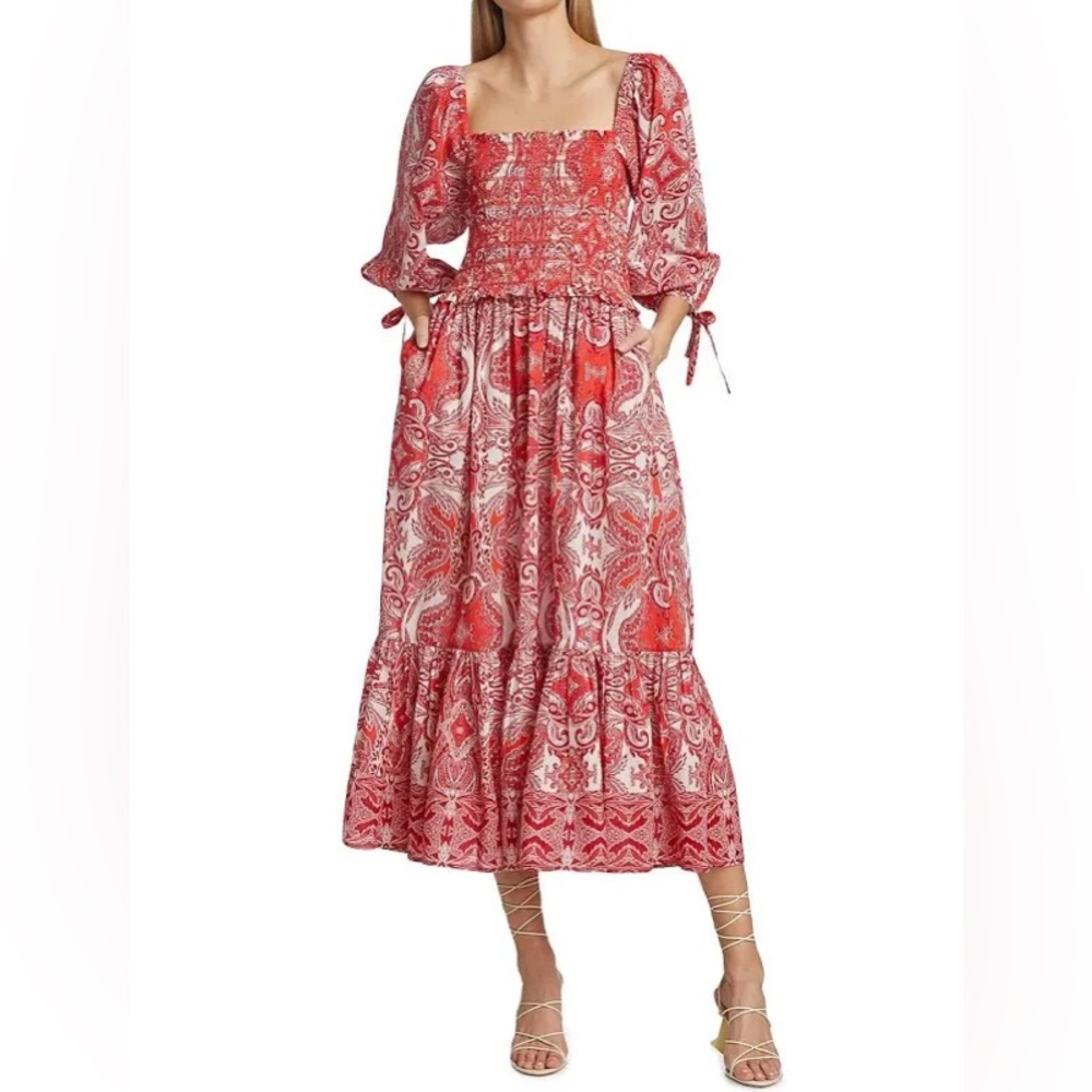 Cara Cara Jazzy Dress. Puff Sleeves. Smocked Bodice. Inkwash Hibiscus. Size S. - Picture 4 of 8